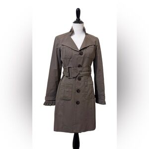 Blanc Noir Women’s Belted Trench Coat Green Ruffle Sleeve Button Front Size S